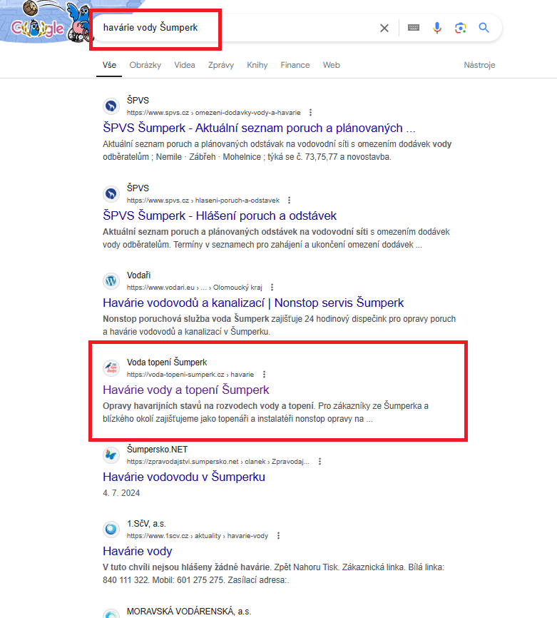 Havarie vody Sumperk